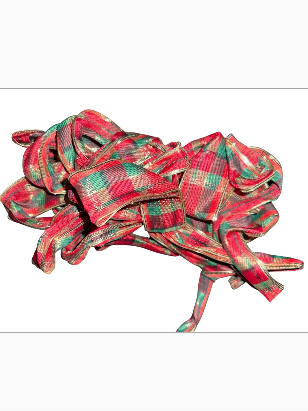 red and green tartan plaid wired holiday ribbon with metallic gold trim